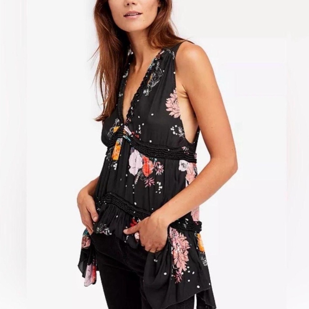 Free People Black Floral Sleeveless Tunic with Pink & Orange Blooms